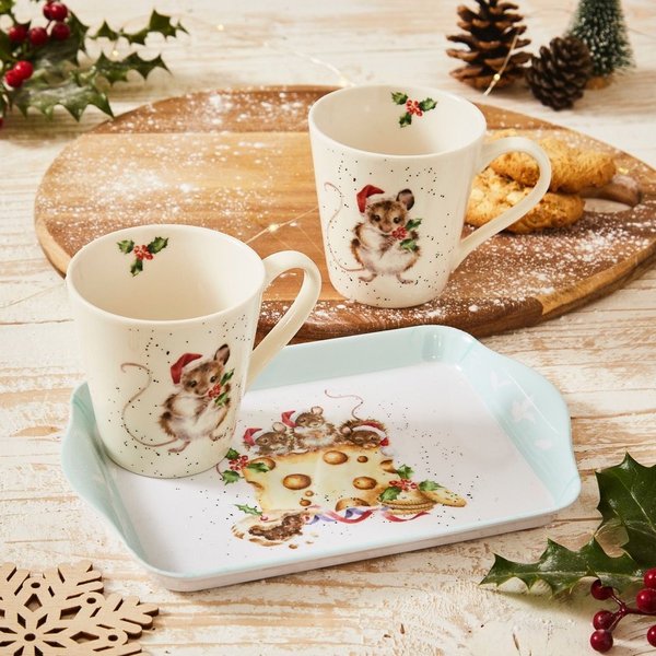 Wrendale Designs - Holly Jolly Christmas - Set dienblad met twee bekers